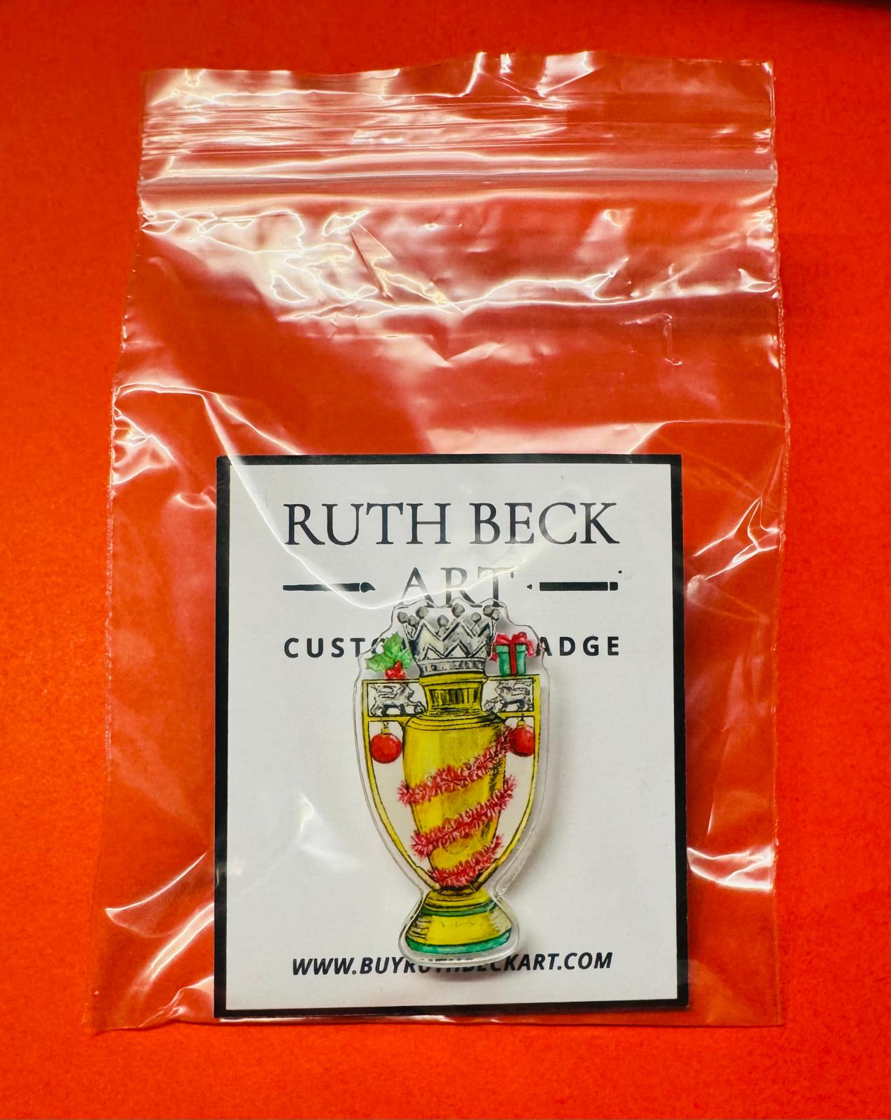 CHRISTMAS TROPHY BADGE - Gold Trophy - Custom Pin Badge - By Ruth Beck Art