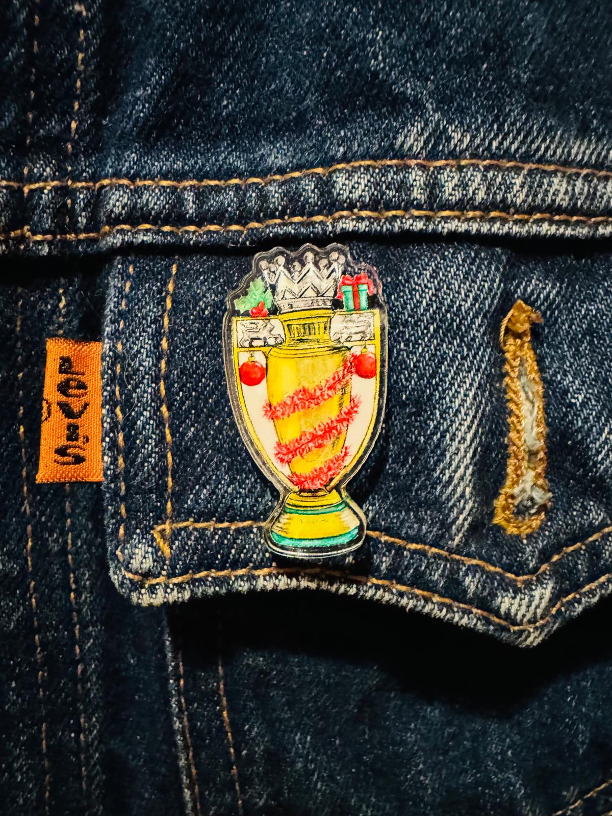 CHRISTMAS TROPHY BADGE -  Gold Trophy - Custom Pin Badge - By Ruth Beck Art