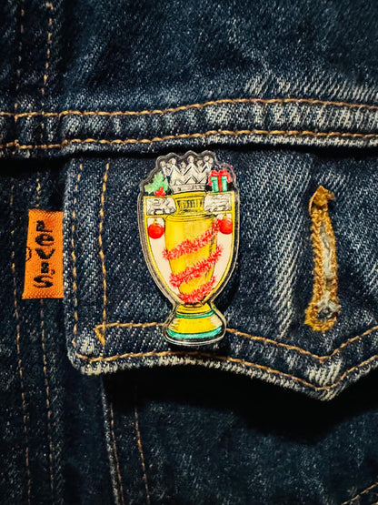 CHRISTMAS TROPHY BADGE -  Gold Trophy - Custom Pin Badge - By Ruth Beck Art