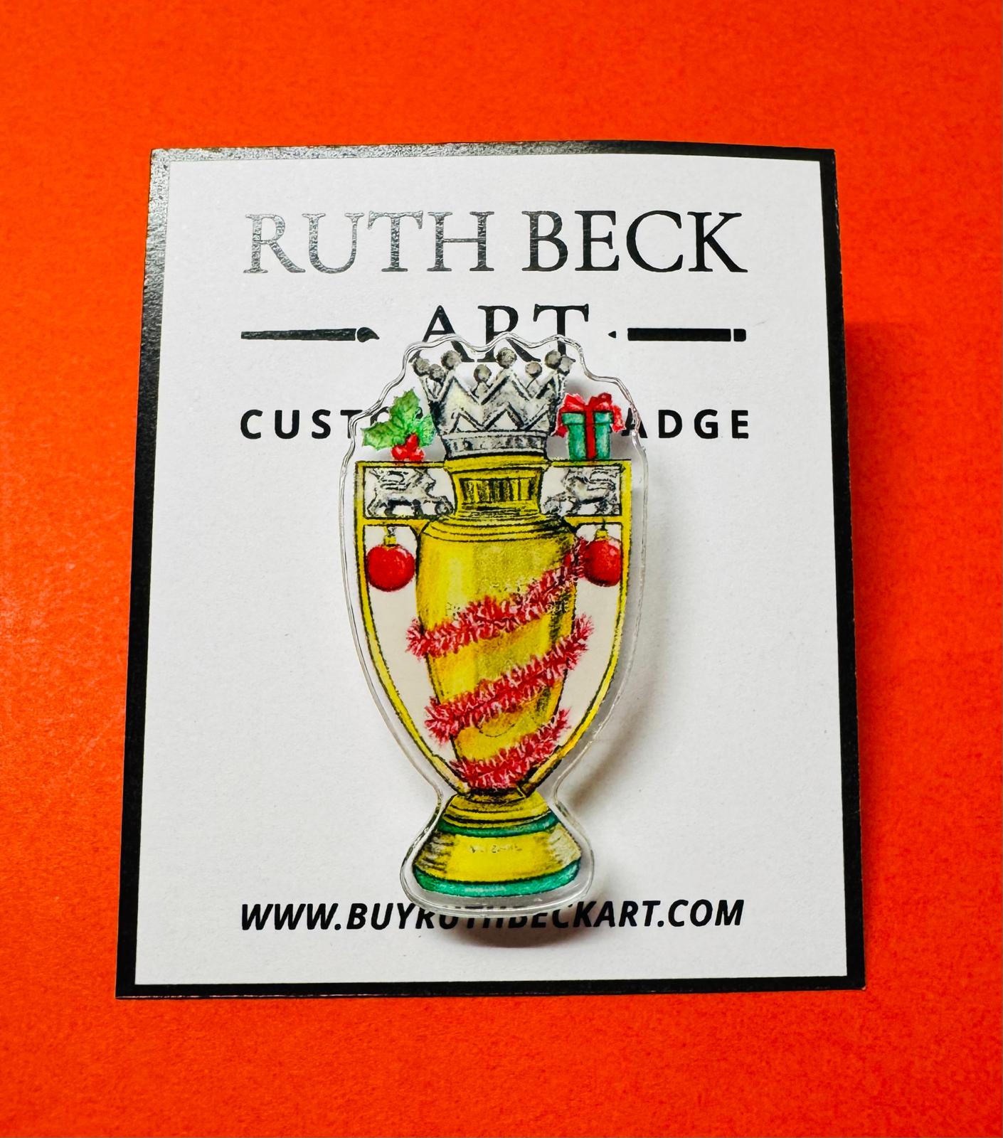 CHRISTMAS TROPHY BADGE -  Gold Trophy - Custom Pin Badge - By Ruth Beck Art