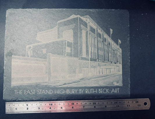 ARSENAL EAST STAND PAINTING BY RUTH BECK SLATE PLACE MAT x 1. Charity Donation from Sale.