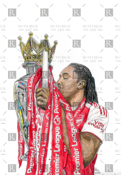 EBERECHI EZE WITH THE PREMIER LEAGUE TROPHY - ARSENAL - PRINT