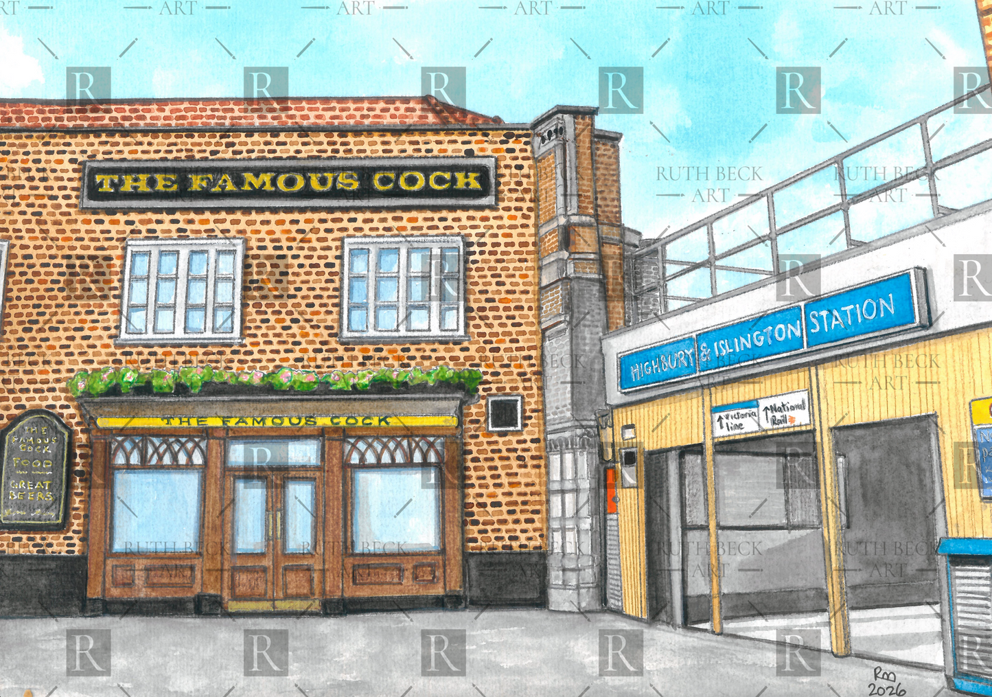 FAMOUS COCK PUB AND HIGHBURY & ISLINGTON STATION PRINT