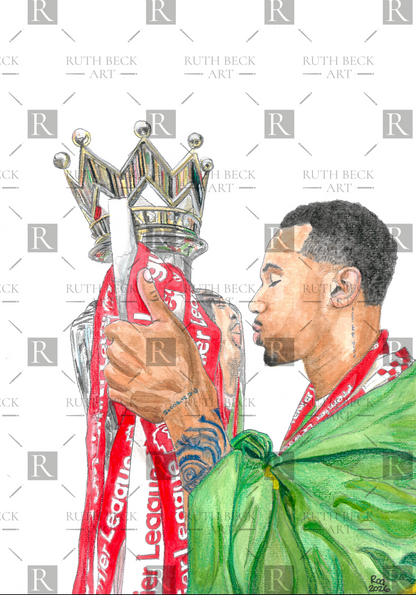 GABRIEL MAGALHAES WITH THE PREMIER LEAGUE TROPHY - ARSENAL - PRINT