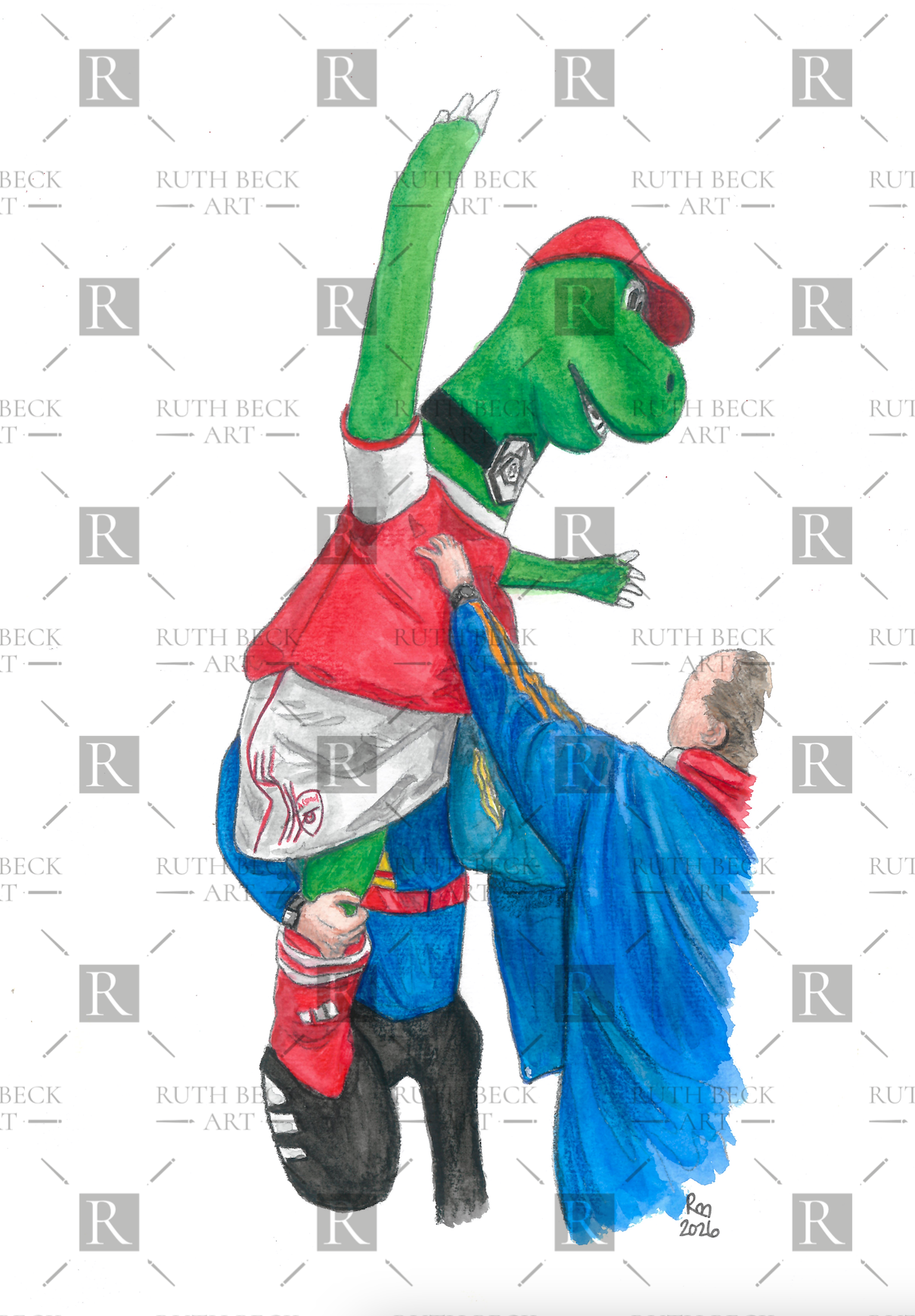 GUNNERSAURUS MASCOT ON SHOULDERS - ARSENAL - PRINT