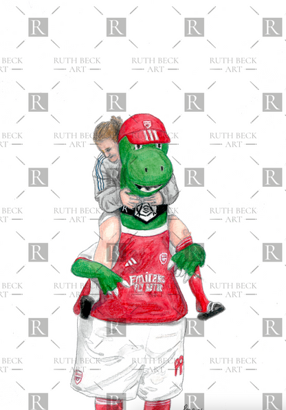 ARSENAL MASCOT GUNNERSAURUS WITH LOTTE WUBBEN-MOY ON HIS SHOULDERS - ARSENAL - PRINT