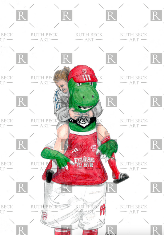 ARSENAL MASCOT GUNNERSAURUS WITH LOTTE WUBBEN-MOY ON HIS SHOULDERS - ARSENAL - PRINT