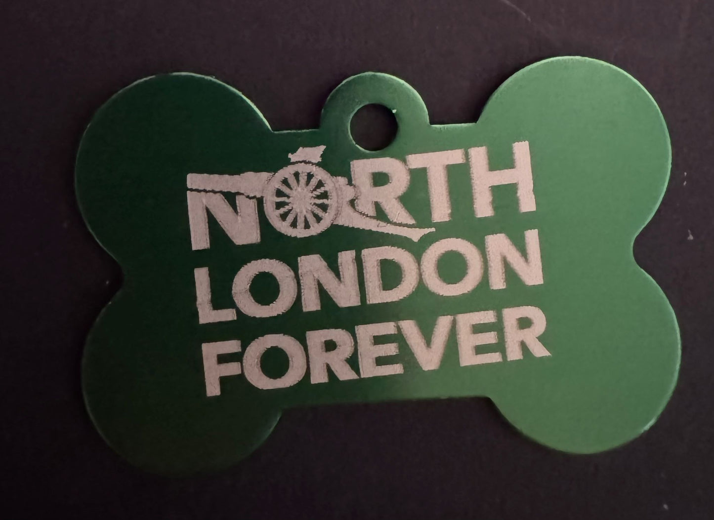 ALUMINIUM BONE SHAPED PET TAG - LASER ENGRAVED NORTH LONDON FOREVER