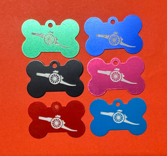 ALUMINIUM BONE SHAPED PET TAG - LASER ENGRAVED CANNON DESIGN