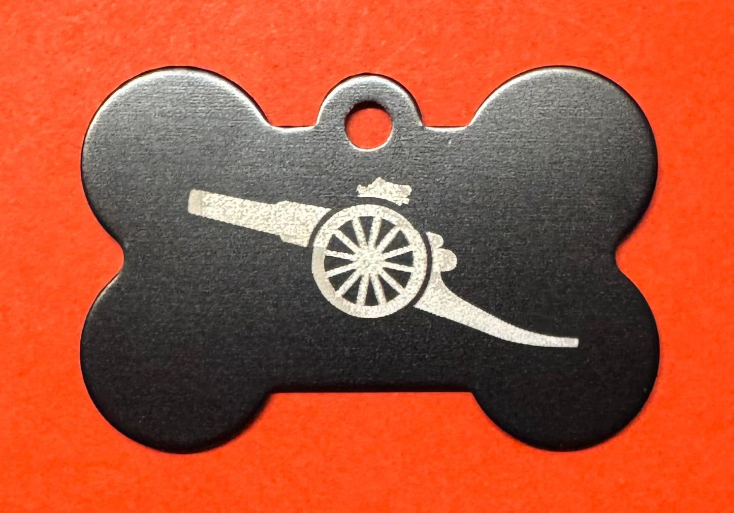 ALUMINIUM BONE SHAPED PET TAG - LASER ENGRAVED CANNON DESIGN
