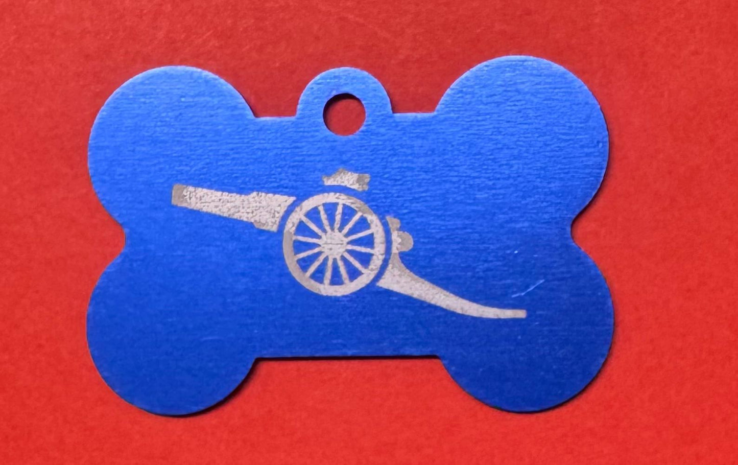 ALUMINIUM BONE SHAPED PET TAG - LASER ENGRAVED CANNON DESIGN