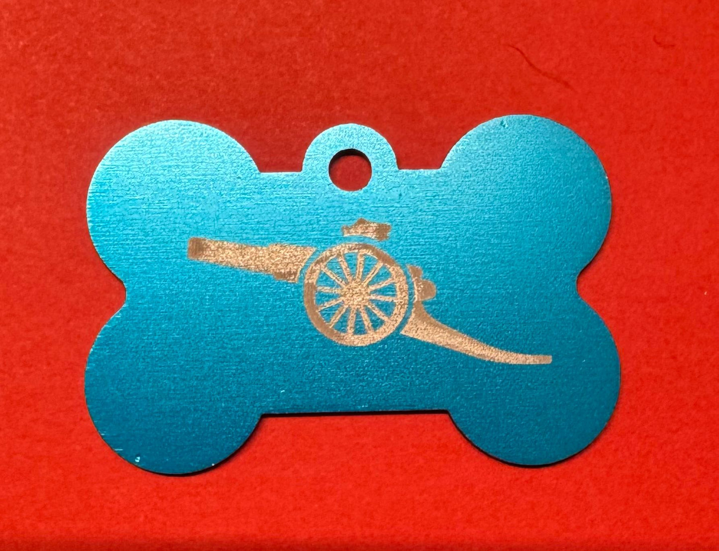ALUMINIUM BONE SHAPED PET TAG - LASER ENGRAVED CANNON DESIGN