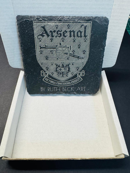 ARSENAL VCC CREST PAINTING BY RUTH BECK SLATE COASTER x 1. Charity Donation from Sale.