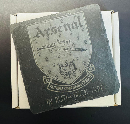 ARSENAL VCC CREST PAINTING BY RUTH BECK SLATE COASTER x 1. Charity Donation from Sale.