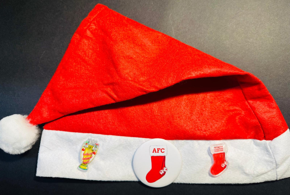 FABRIC SANTA HAT WITH 3 ARSENAL DESIGN BADGES - By Ruth Beck Art