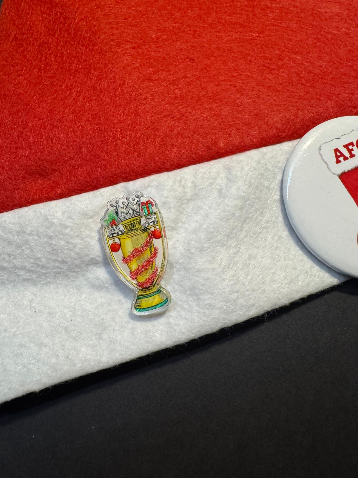 FABRIC SANTA HAT WITH 3 ARSENAL DESIGN BADGES - By Ruth Beck Art