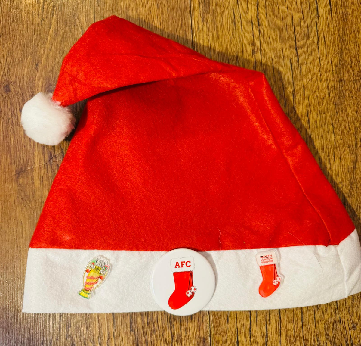 FABRIC SANTA HAT WITH 3 ARSENAL DESIGN BADGES - By Ruth Beck Art