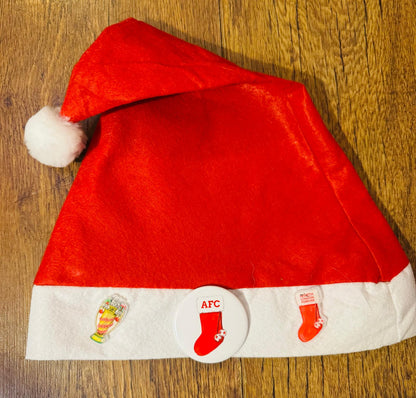 FABRIC SANTA HAT WITH 3 ARSENAL DESIGN BADGES - By Ruth Beck Art