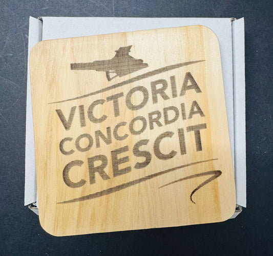 VCC WOODEN COASTER x 1. Charity Donation from Sale.
