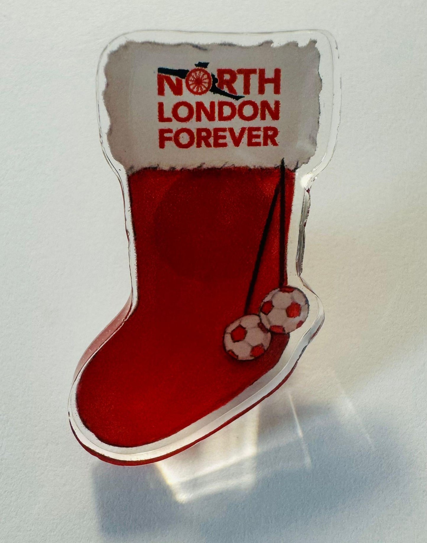 CHRISTMAS STOCKING BADGE -  With North London Forever logo - Custom Pin Badge - By Ruth Beck Art