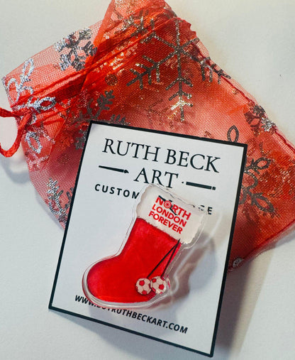 CHRISTMAS STOCKING BADGE -  With North London Forever logo - Custom Pin Badge - By Ruth Beck Art