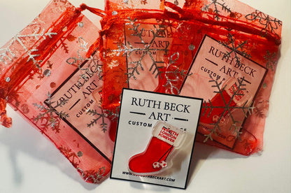 CHRISTMAS STOCKING BADGE -  With North London Forever logo - Custom Pin Badge - By Ruth Beck Art